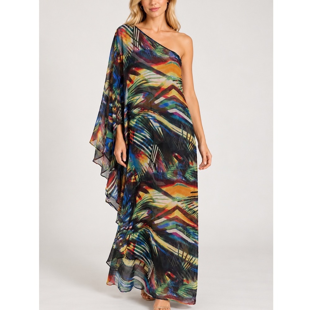 NEW Monique Leshman One Shoulder Maxi Dress Multicolor Abstract Resortwear M